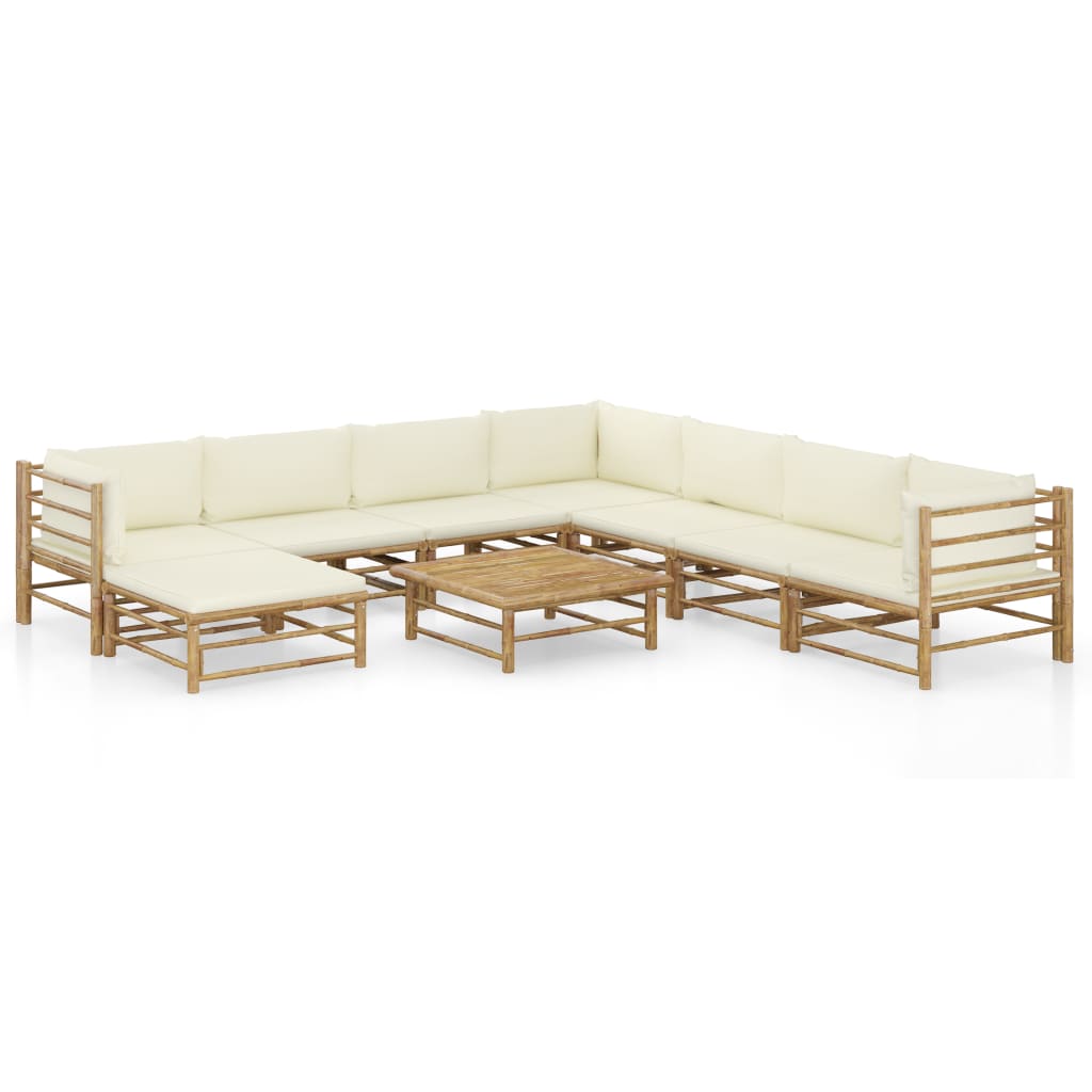 9-Tlg. Garten-Lounge-Set Mit Cremeweißen Kissen Bambus 1 3x Eckteil + 4x Mittelteil + Fußstütze + Tisch