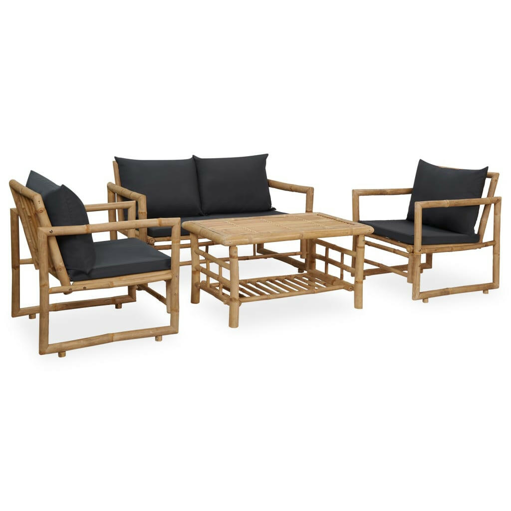 4-Tlg. Garten-Lounge-Set Mit Auflagen Bambus Grau
