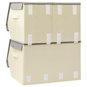 3-Tlg. Aufbewahrungsboxen-Set Stapelbar Stoff Grau & Creme