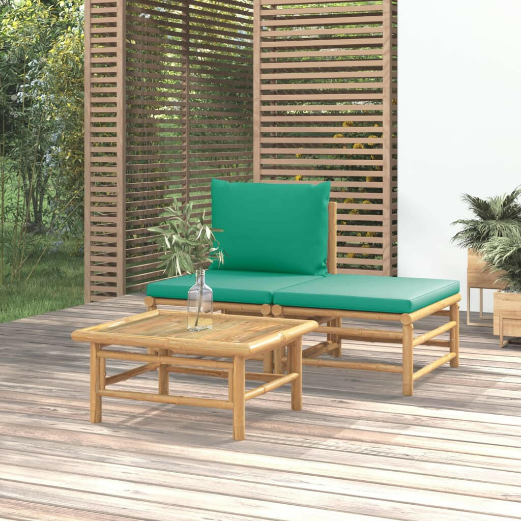 3-Tlg. Garten-Lounge-Set Mit Grünen Kissen Bambus