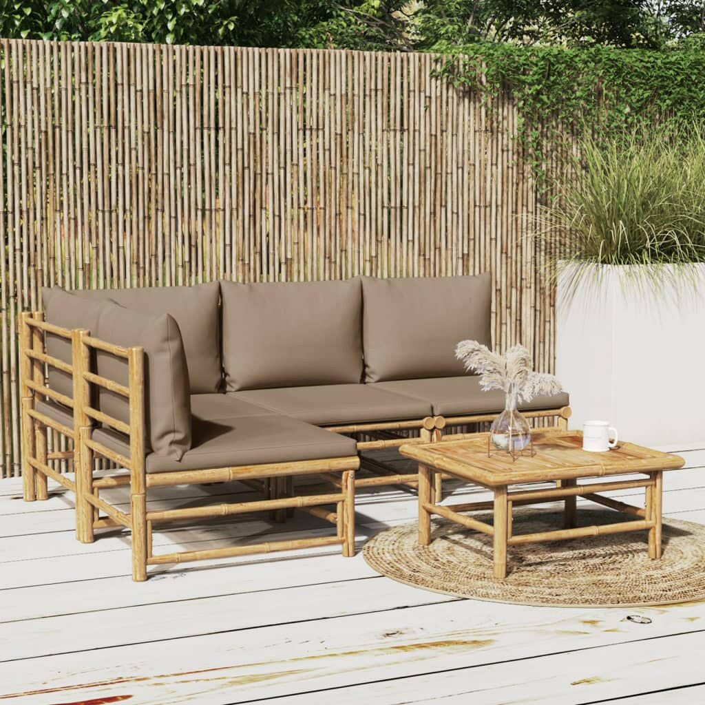 5-Tlg. Garten-Lounge-Set Mit Kissen Taupe Bambus