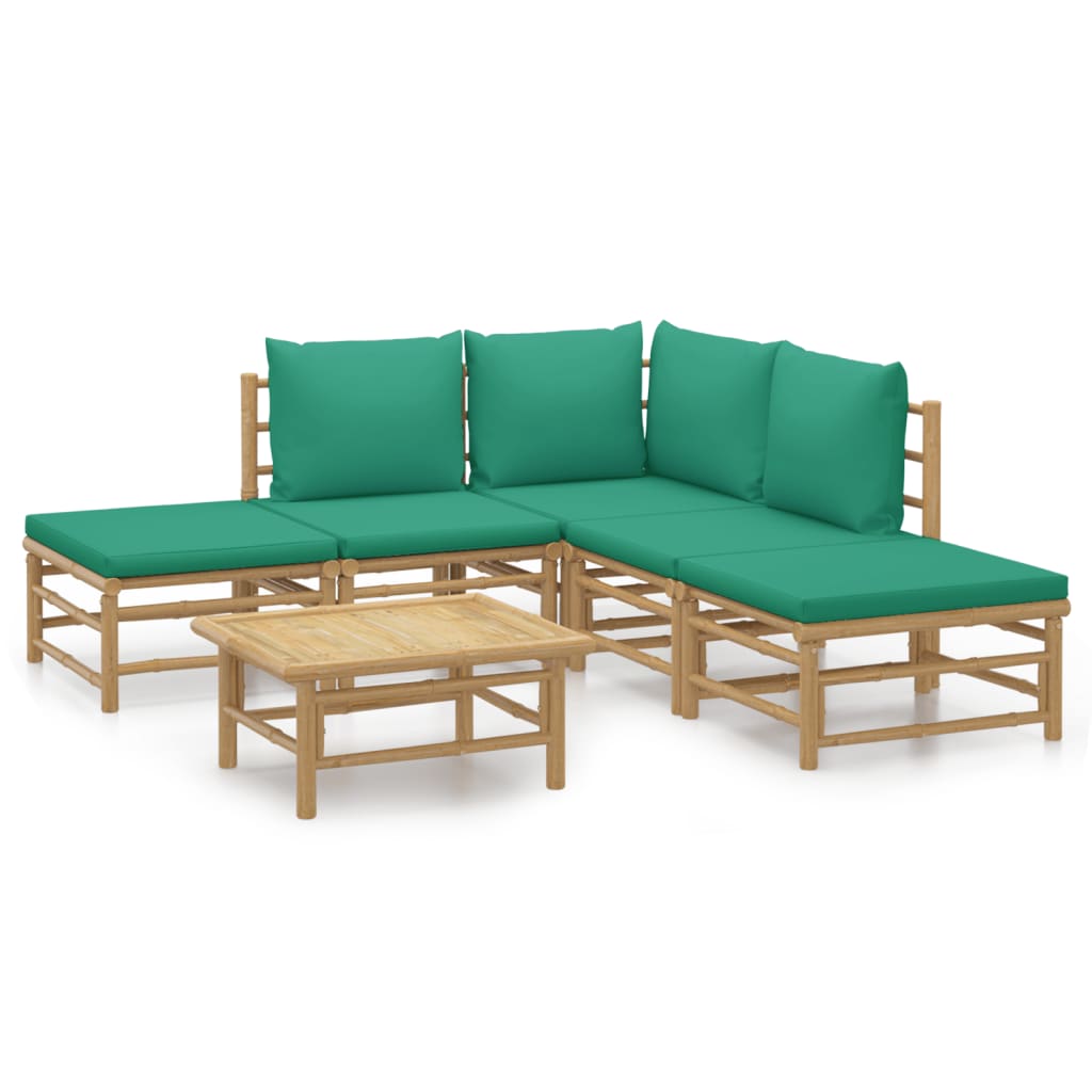 6-Tlg. Garten-Lounge-Set Mit Grünen Kissen Bambus 1 Eckteil + 2x Mittelteil + 2x Fußstütze + Tisch