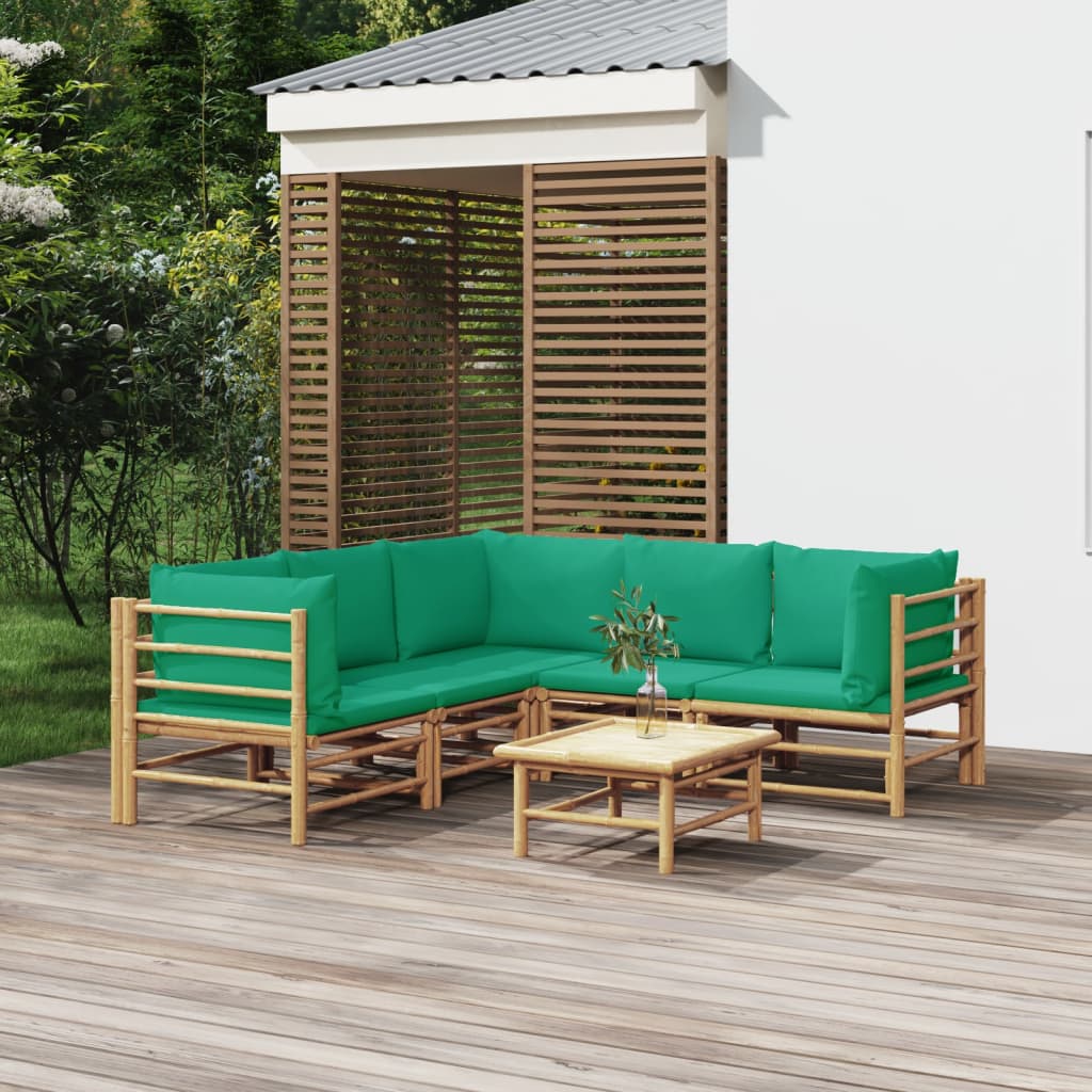 6-Tlg. Garten-Lounge-Set Mit Grünen Kissen Bambus