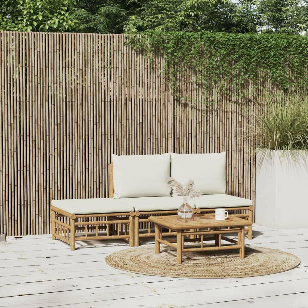 4-Tlg. Garten-Lounge-Set Mit Cremeweißen Kissen Bambus