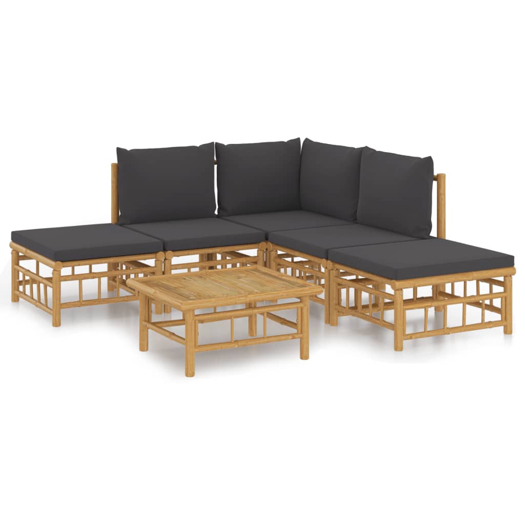6-Tlg. Garten-Lounge-Set Mit Dunkelgrauen Kissen Bambus 1 Eckteil + 2x Mittelteil + 2x Fußstütze + Tisch