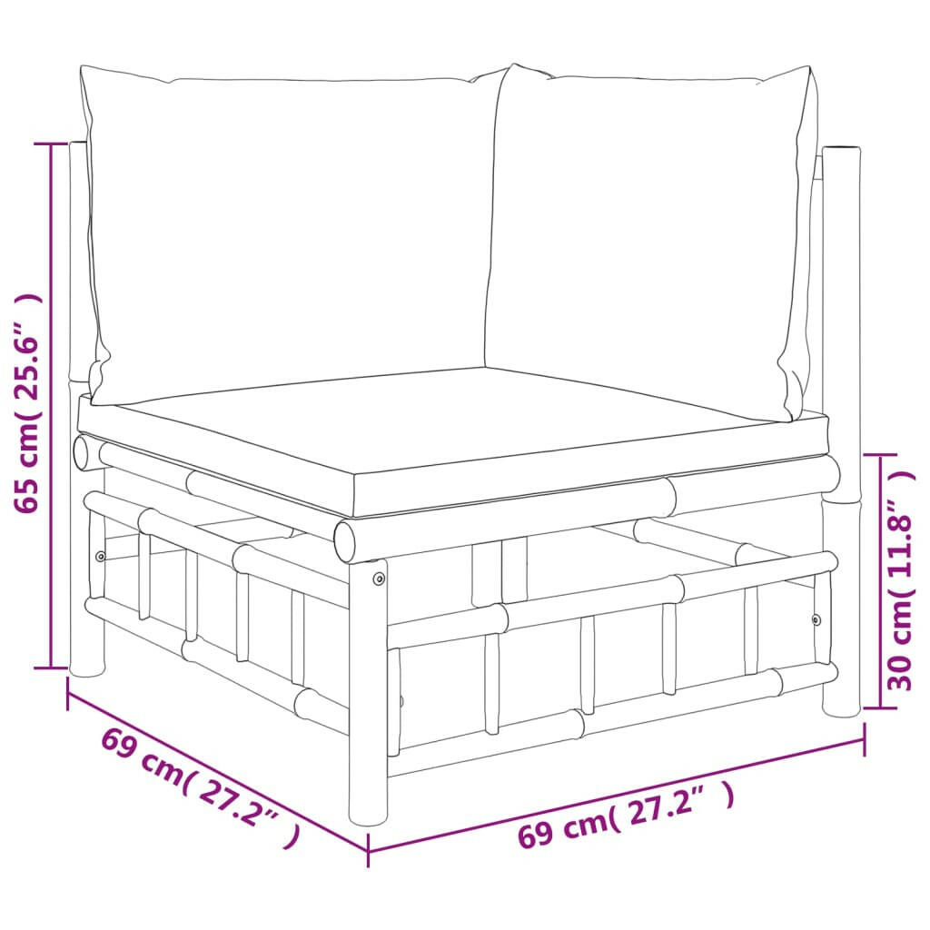 4-Tlg. Garten-Lounge-Set Mit Dunkelgrauen Kissen Bambus 1 Eckteil + Mittelteil + Fußstütze + Tisch