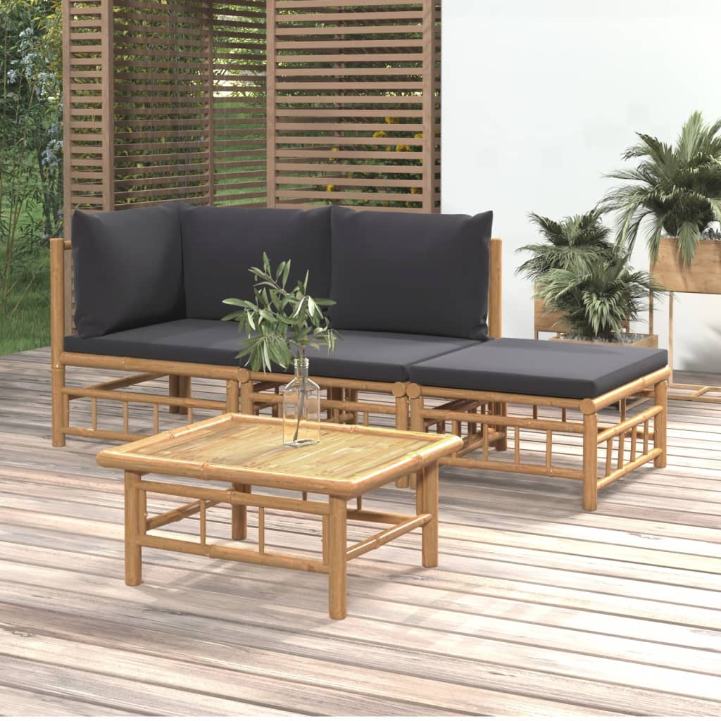 4-Tlg. Garten-Lounge-Set Mit Dunkelgrauen Kissen Bambus 1 Eckteil + Mittelteil + Fußstütze + Tisch