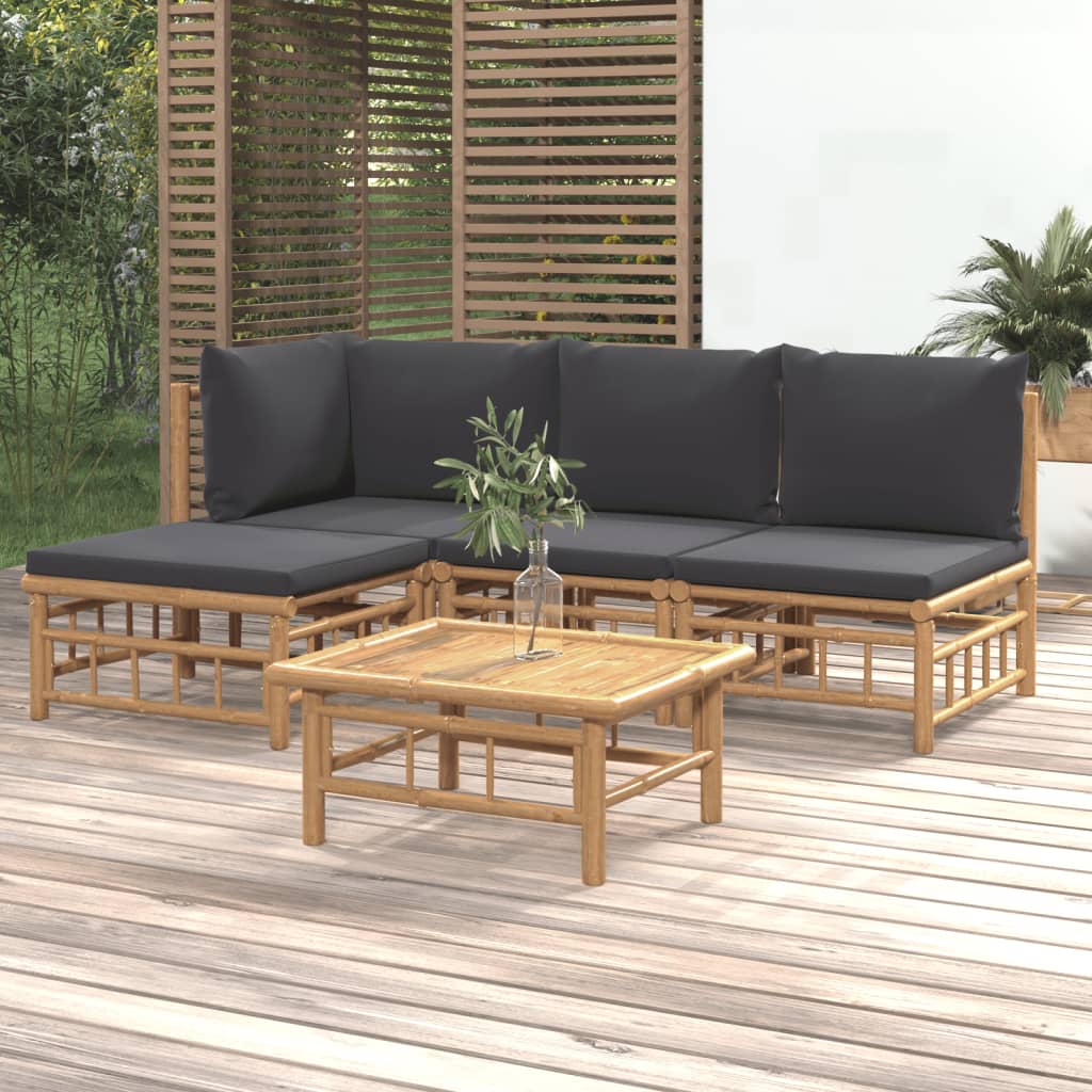 5-Tlg. Garten-Lounge-Set Mit Dunkelgrauen Kissen Bambus 1 Eckteil + 2x Mittelteil + Fußstütze + Tisch