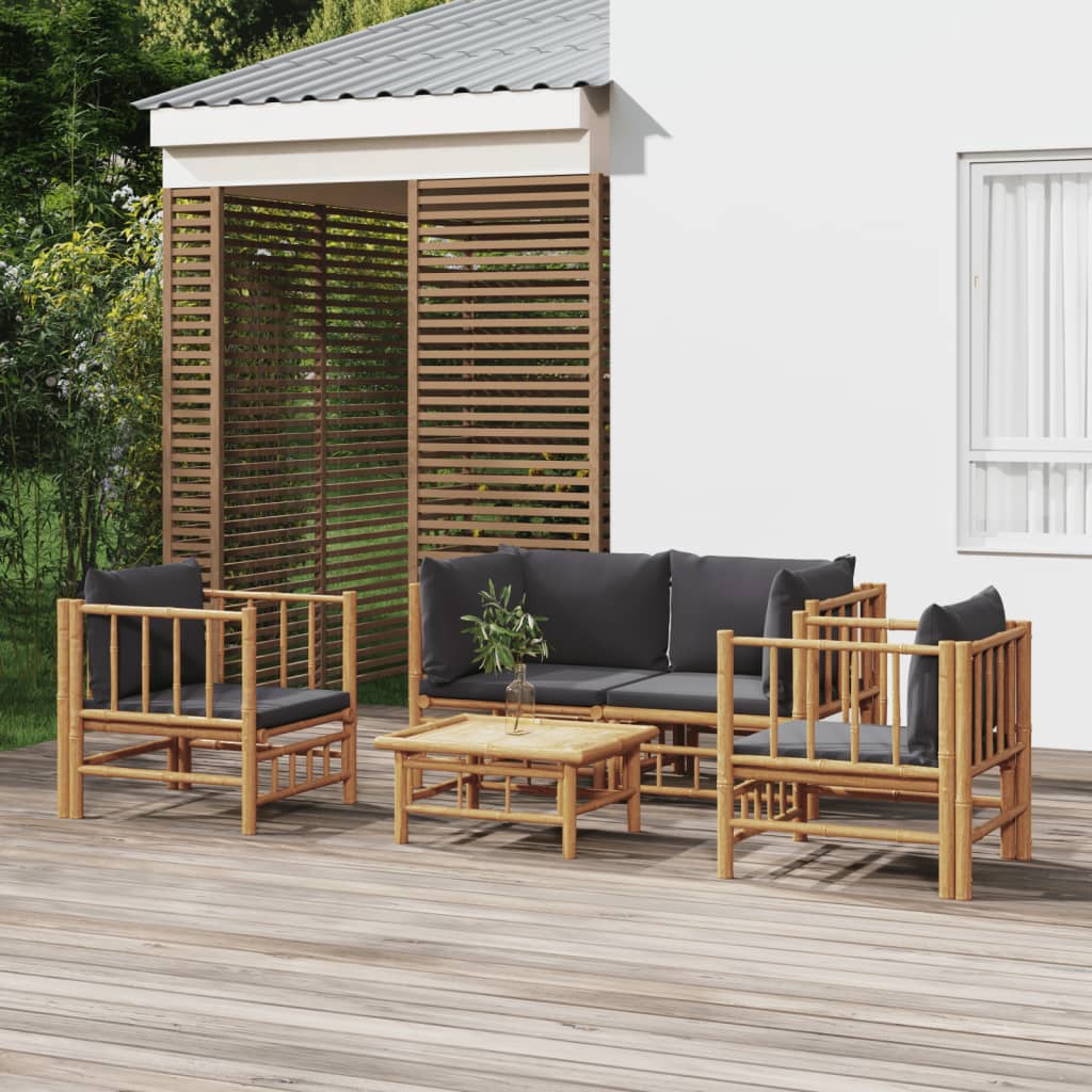 5-Tlg. Garten-Lounge-Set Mit Dunkelgrauen Kissen Bambus 1 2x corner + 2x chair + table