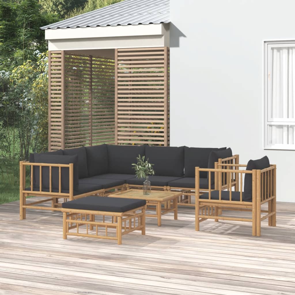 8-Tlg. Garten-Lounge-Set Mit Dunkelgrauen Kissen Bambus 1 3x corner + 2x middle + chair + footrest + table