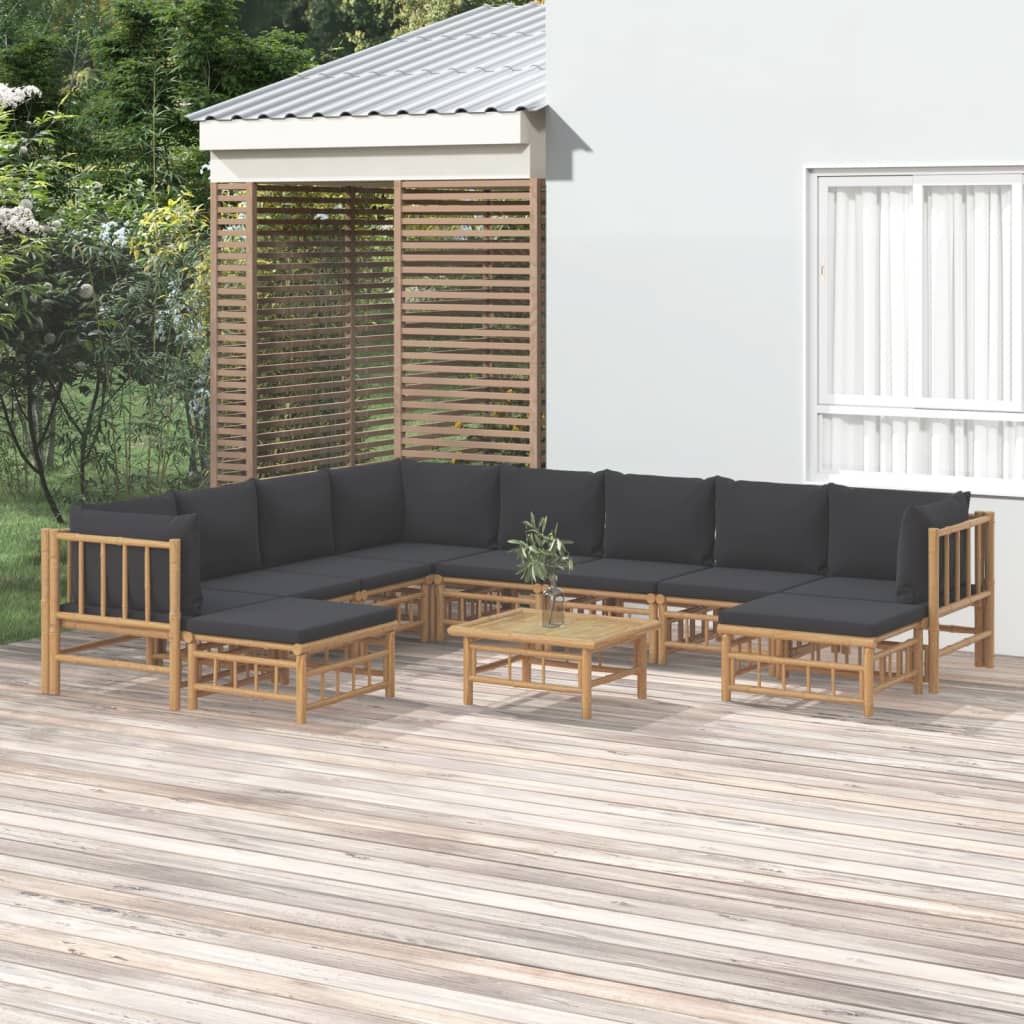11-Tlg. Garten-Lounge-Set Mit Dunkelgrauen Kissen Bambus 3x Eckteil + 5x Mittelteil + 2x Fußstütze + Tisch