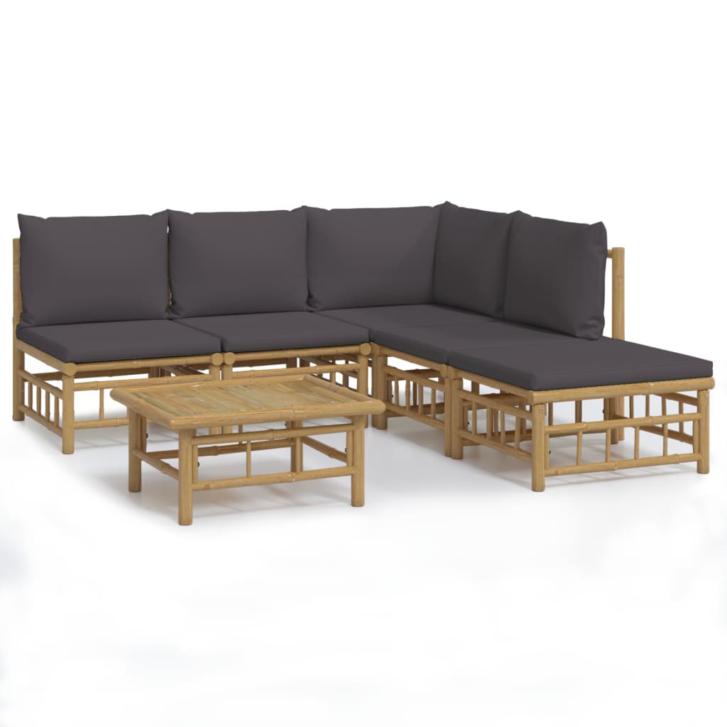 6-Tlg. Garten-Lounge-Set Mit Dunkelgrauen Kissen Bambus 1 Eckteil + 3x Mittelteil + Fußstütze + Tisch