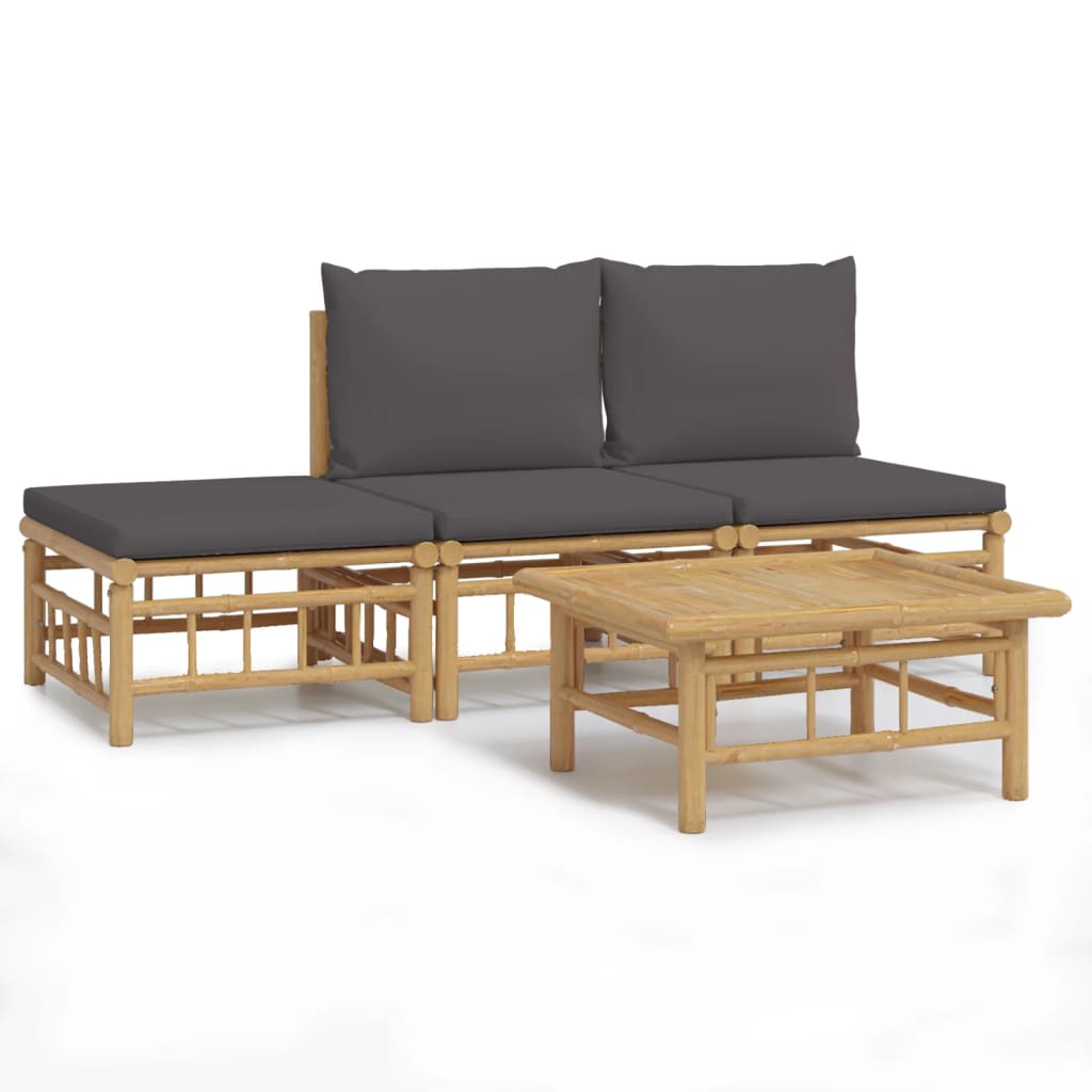 4-Tlg. Garten-Lounge-Set Mit Dunkelgrauen Kissen Bambus 1 2x Mittelteil + Fußstütze + Tisch