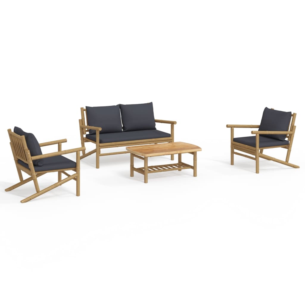 4-Tlg. Garten-Lounge-Set Mit Dunkelgrauen Kissen Bambus 1 2x chair + bench + table