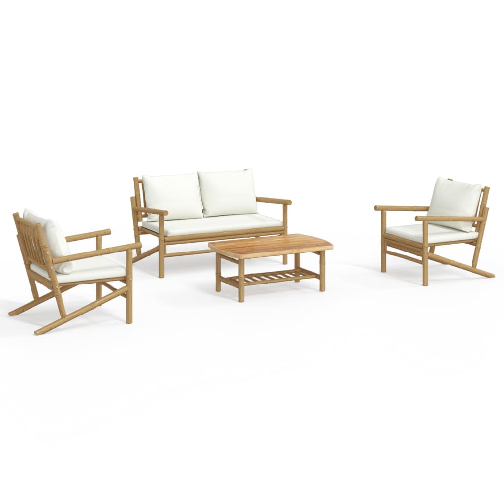 4-Tlg. Garten-Lounge-Set Mit Cremeweißen Kissen Bambus 1 2x chair + bench + table