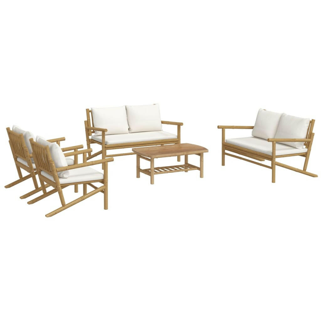 5-Tlg. Garten-Lounge-Set Mit Cremeweißen Kissen Bambus 1 2x chair + 2x bench + table