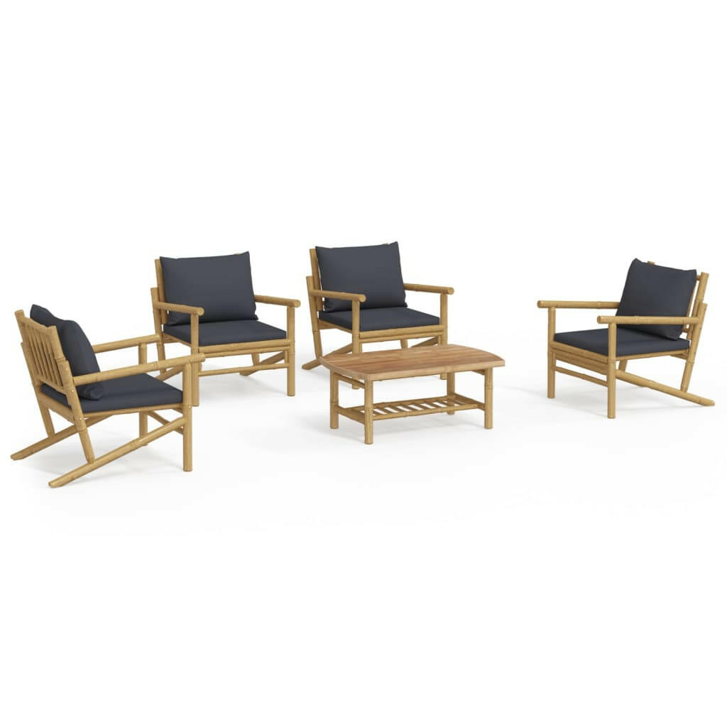 5-Tlg. Garten-Lounge-Set Mit Dunkelgrauen Kissen Bambus 1 4x Stuhl + Tisch