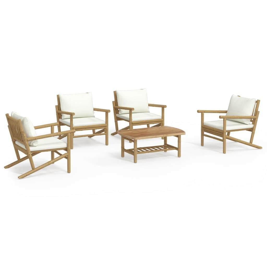 5-Tlg. Garten-Lounge-Set Mit Cremeweißen Kissen Bambus 1 4x Stuhl + Tisch