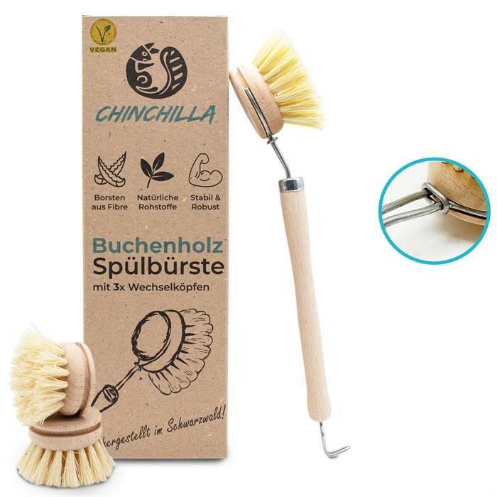 Dishwashing brush made of beech wood, 4 pieces incl. 3 interchangeable heads