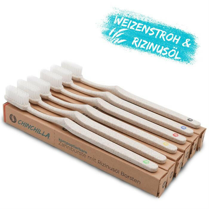 Toothbrush set of 6 beige
 from wheat straw and
 Castor Oil Bristles